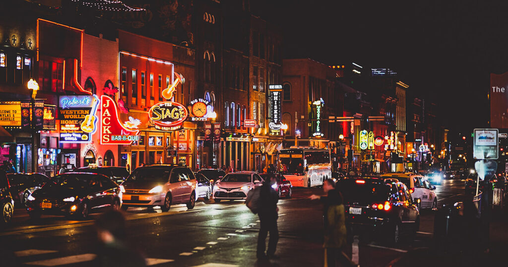 Broadway with honky tonks in Nashville, Tennessee.