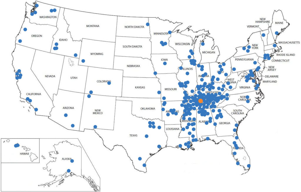 United States map of Nashville hair doctor patients by city