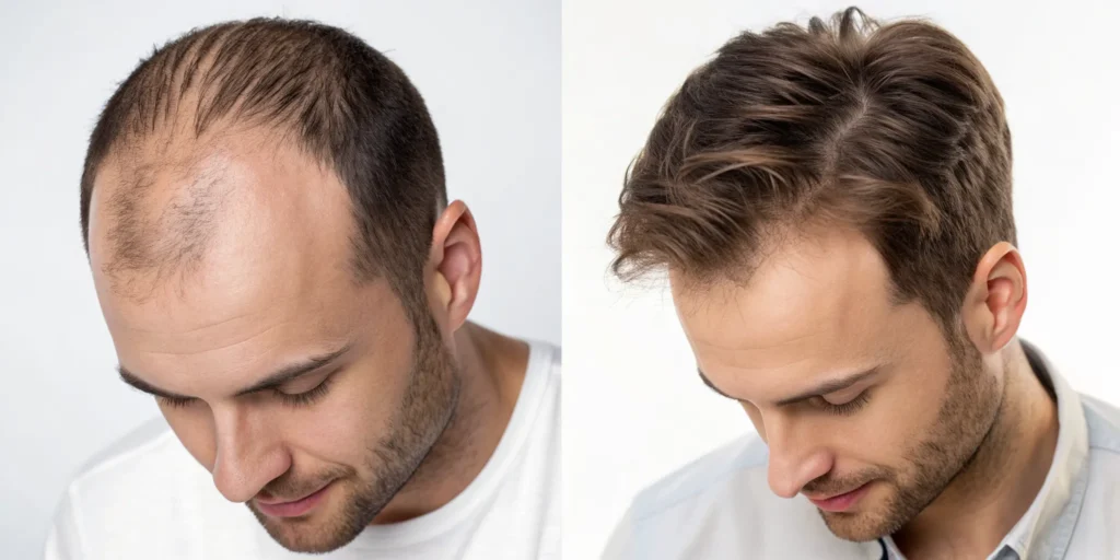 Before and after a modern hair transplant for men, correcting the look of old hair plugs.