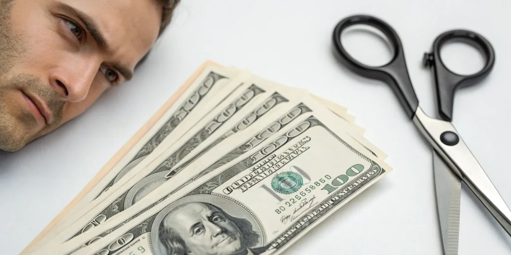 Man with hundred dollar bills and scissors considering hair transplant financing.