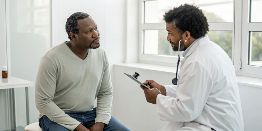 African American male consulting a specialist about hair loss treatment.