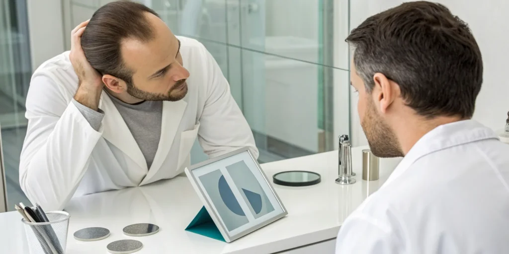 A patient and doctor review the cost of a beard transplant in the USA.
