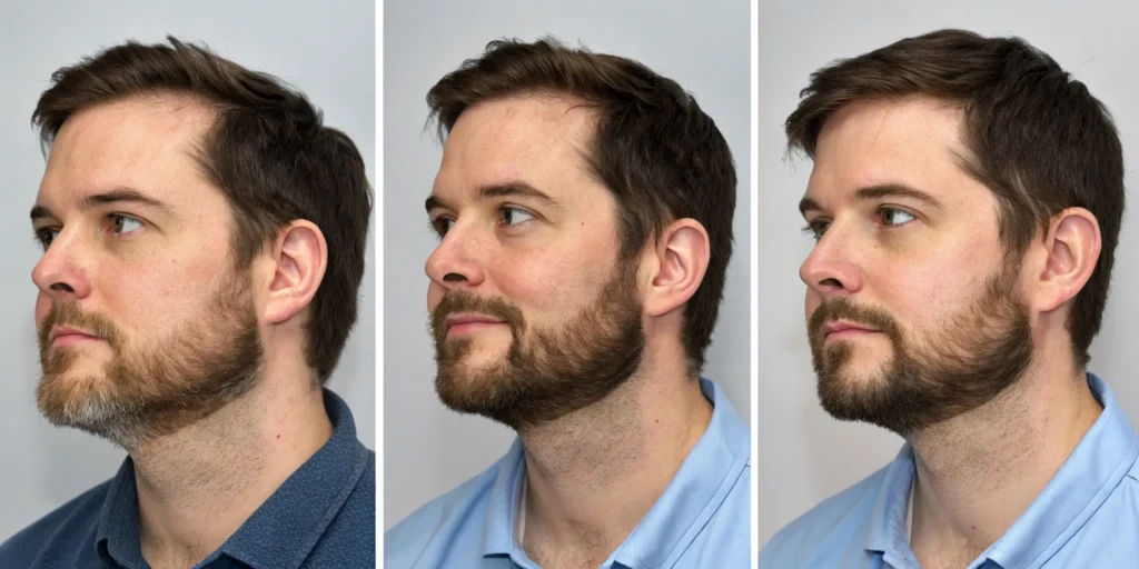 A man's beard transplant recovery timeline shown in three stages.