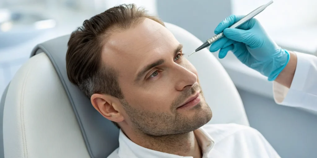 Doctor performing an FUE hair transplant, using a precision tool to extract hair follicles.