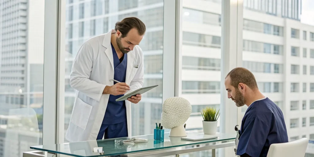 Surgeon explaining the hair implant surgery process to a patient.