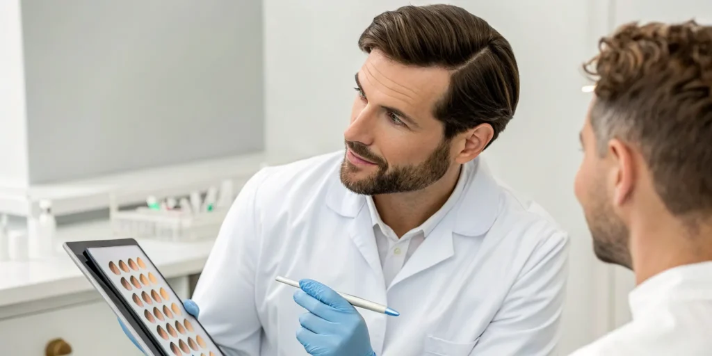 A man reviewing the high success rate of a beard transplant with a specialist.