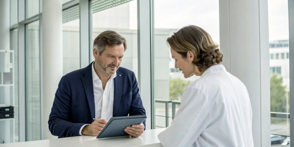 A man and doctor discussing a permanent solution for hair loss.
