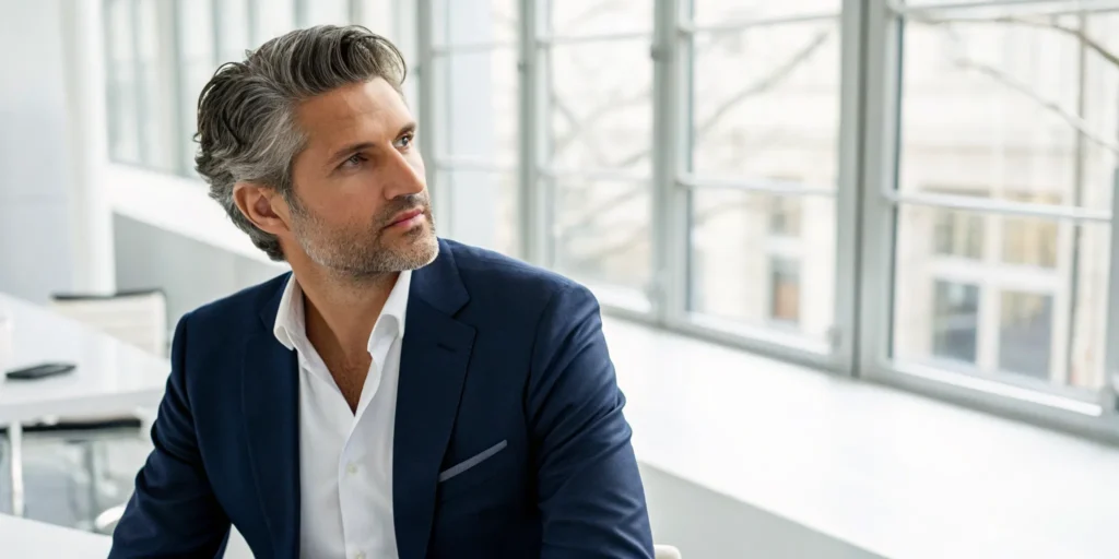 Professional man with a full head of hair after successful hair restoration for men.